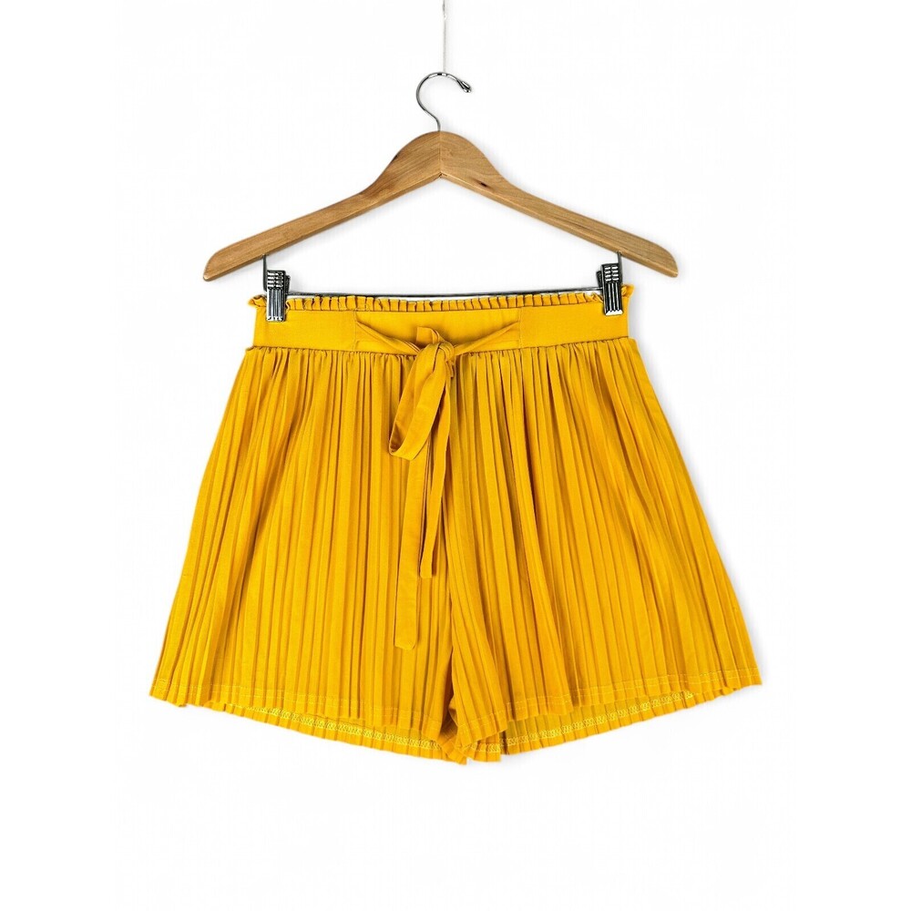 Soho Apparel Pleated Tie-Waist Shorts Large Yellow
